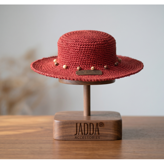 JADDA %100 El Yapımı Kağıt İp Hasır Şapka Kırmızı Fötr Şapka