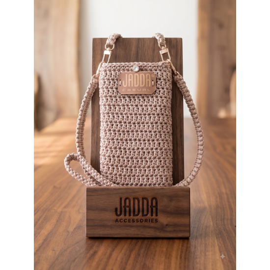 JADDA %100 El Yapımı Telefon Çantası Örgü Açık Kahve Gri Sim